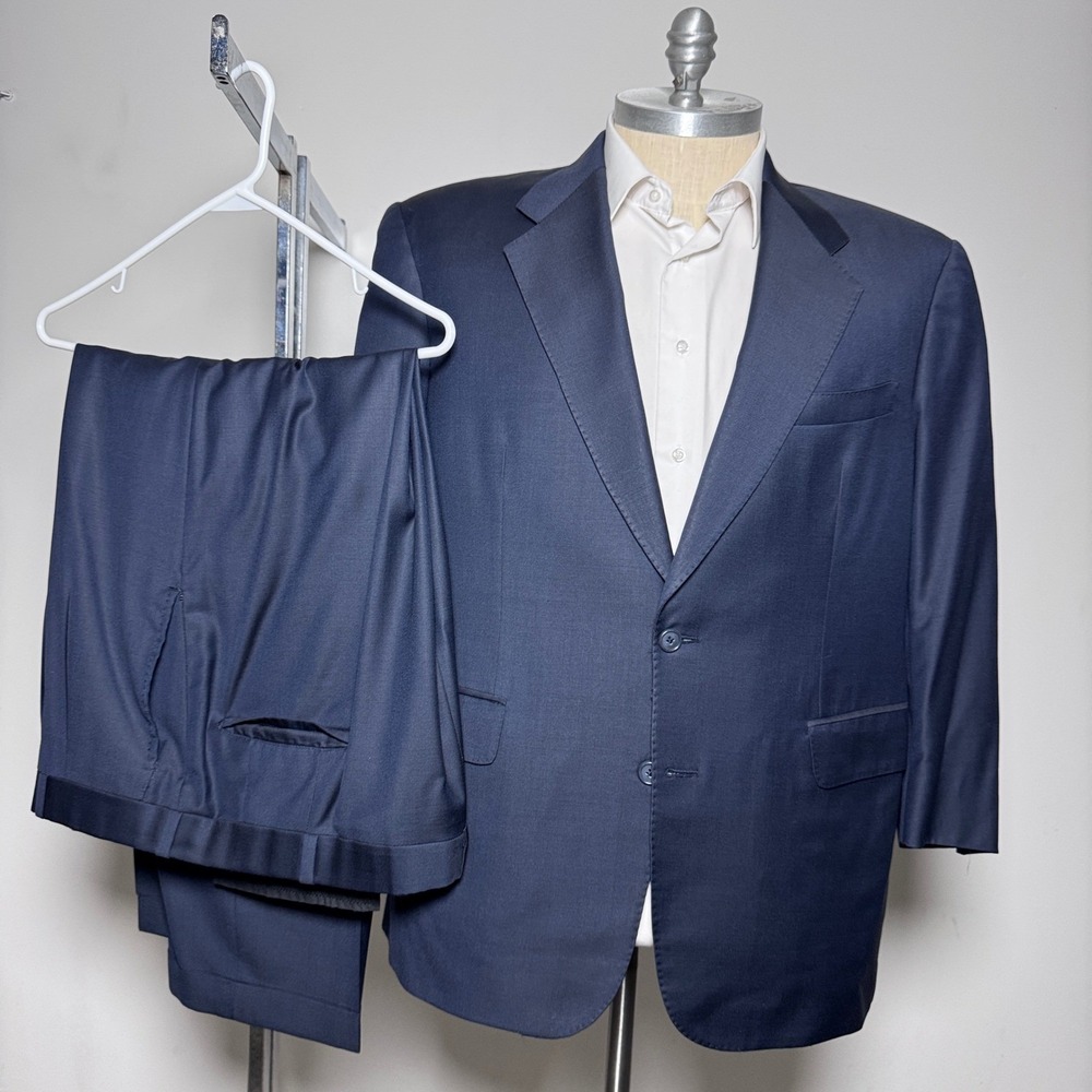 Custom Tailored Suit Mens 44S 40x27 Navy Blue Solid Wool 2-Button Single Vent